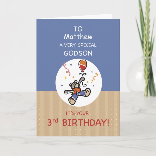 Custom Name Godson 3rd Teddy Bear Balloon Birthday Card (Front)
