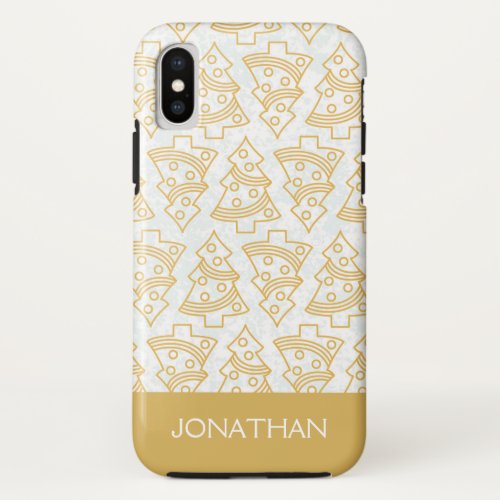 Custom Name Gold and White Christmas Tree Pattern iPhone X Case