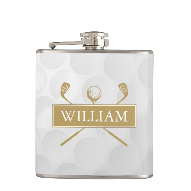 Custom Name Gold And White Clubs And Ball Flask (Front)