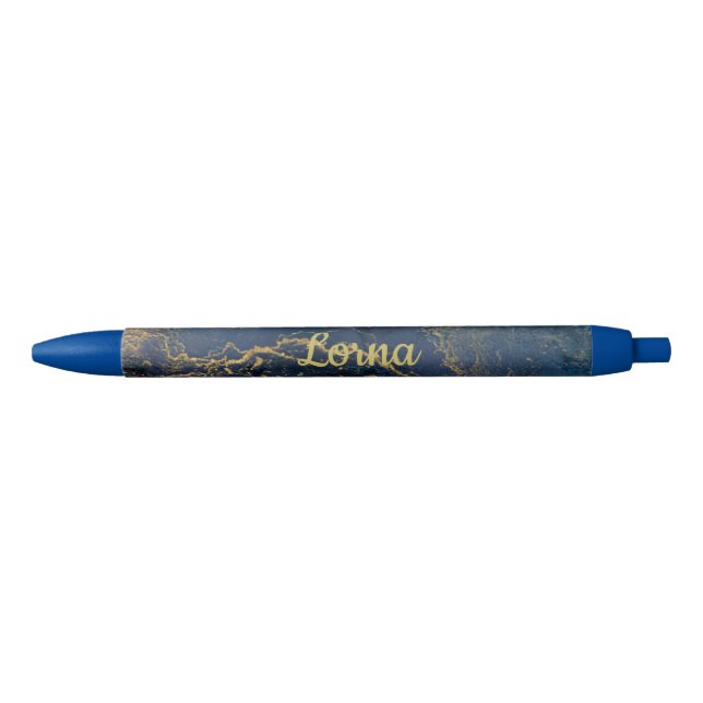 Custom Name Gold Blue Marble Swirl Pen (Front)