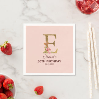 Custom Name Gold Blush Pink Roses Letter E Napkins
