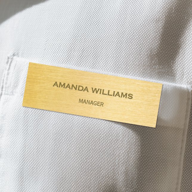 Custom Name Gold Brushed Metal Employee Tag (A polished name tag with a simulated brushed gold background,)
