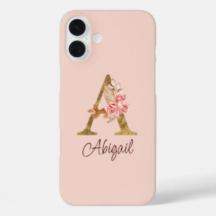 Custom Name Gold Foil Blush Pink Roses Letter A iPhone 16 Plus Case