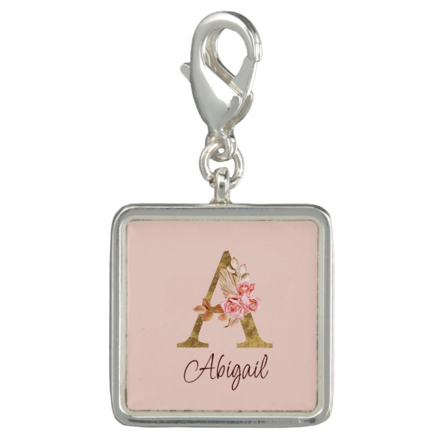 Custom Name Gold Foil Blush Pink Roses Letter A Charm (Front)