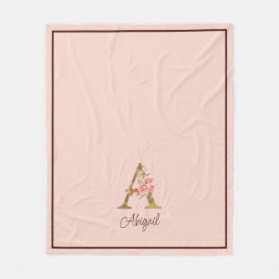 Custom Name Gold Foil Blush Pink Roses Letter A Fleece Blanket