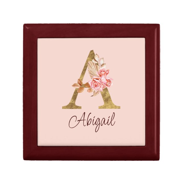 Custom Name Gold Foil Blush Pink Roses Letter A Gift Box (Front)
