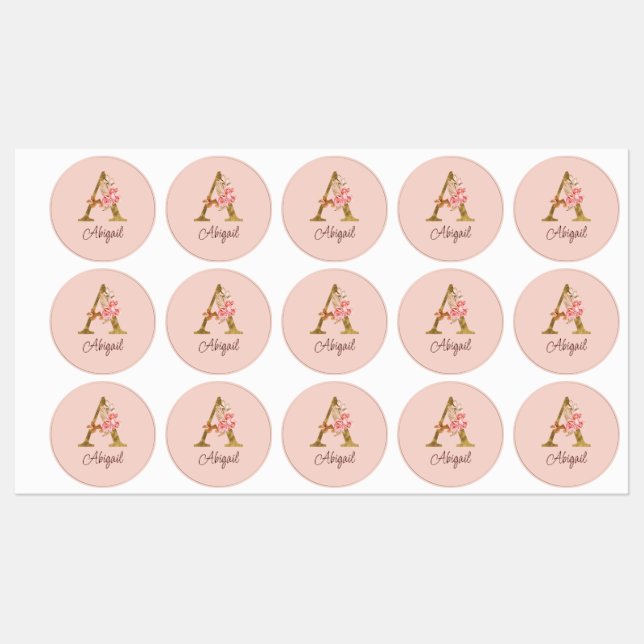 Custom Name Gold Foil Blush Pink Roses Letter A Labels (Sheet)