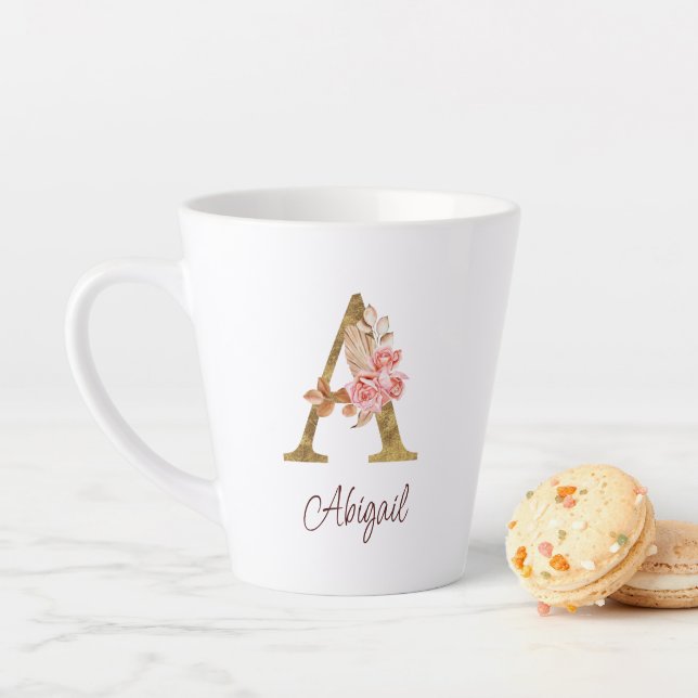 Custom Name Gold Foil Blush Pink Roses Letter A Latte Mug (In Situ)