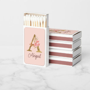 Custom Name Gold Foil Blush Pink Roses Letter A Matchboxes