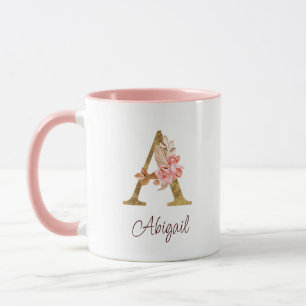 Custom Name Gold Foil Blush Pink Roses Letter A Mug