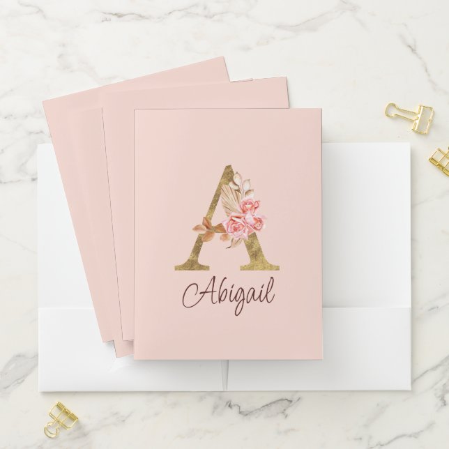 Custom Name Gold Foil Blush Pink Roses Letter A Pocket Folder (In Situ)