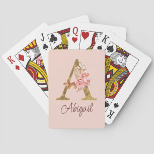 Custom Name Gold Foil Blush Pink Roses Letter A Poker Cards