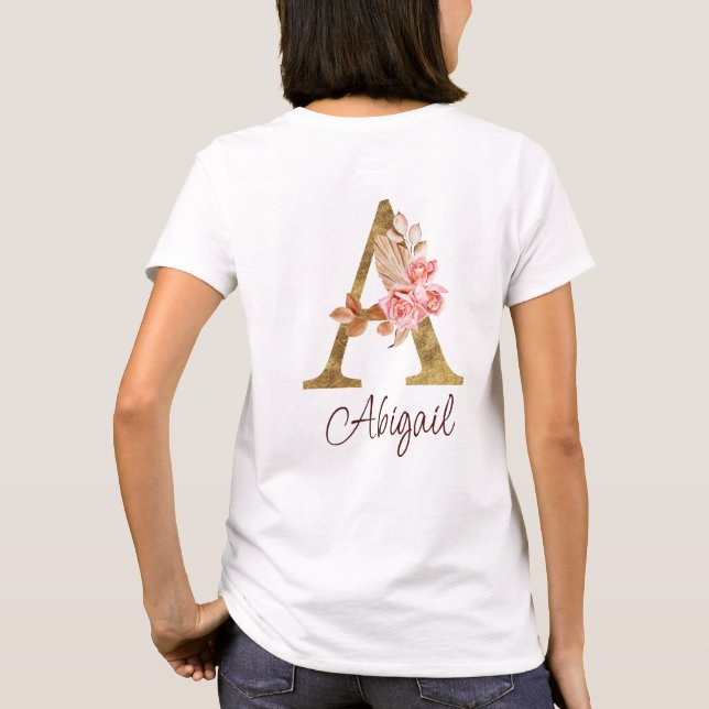 Custom Name Gold Foil Blush Pink Roses Letter A T-Shirt (Back)