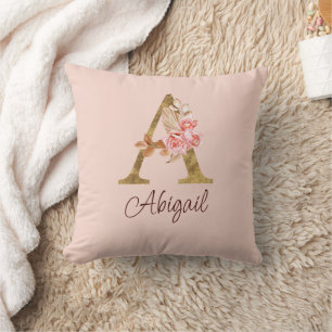 Custom Name Gold Foil Blush Pink Roses Letter A Throw Pillow