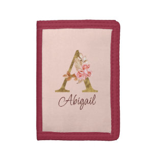 Custom Name Gold Foil Blush Pink Roses Letter A Tri-fold Wallet