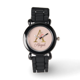 Custom Name Gold Foil Blush Pink Roses Letter A Watch