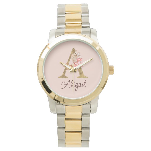 Custom Name Gold Foil Blush Pink Roses Letter A Watch (Front)