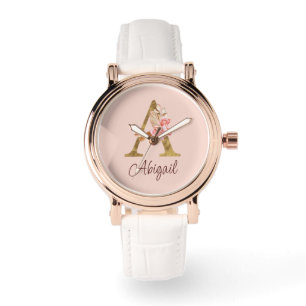 Custom Name Gold Foil Blush Pink Roses Letter A Watch