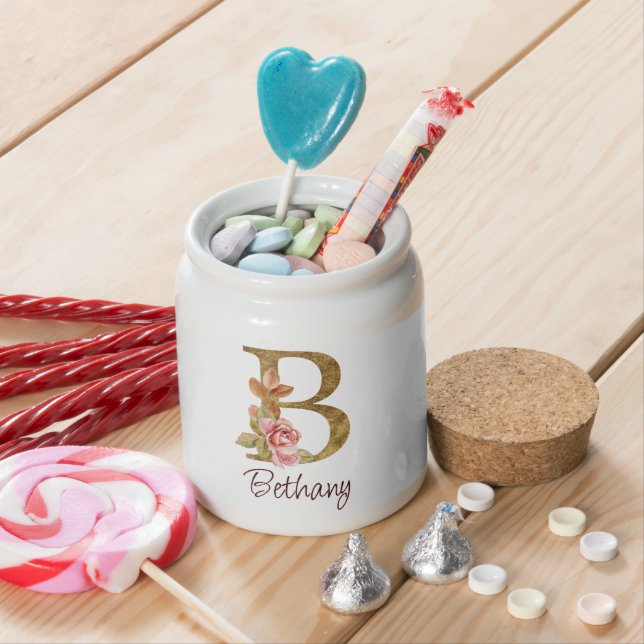 Custom Name Gold Foil Blush Pink Roses Letter B Candy Jar (In Situ)