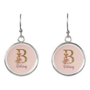 Custom Name Gold Foil Blush Pink Roses Letter B Earrings