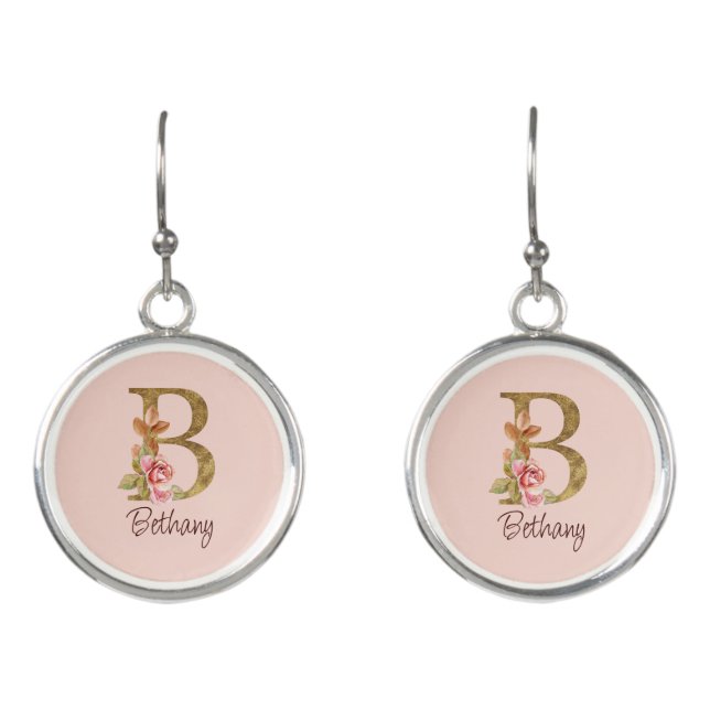 Custom Name Gold Foil Blush Pink Roses Letter B Earrings (Front)