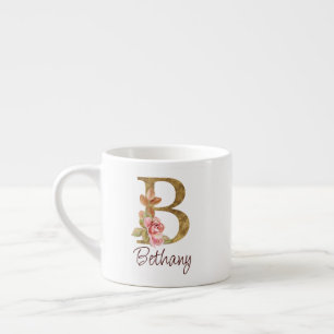 Custom Name Gold Foil Blush Pink Roses Letter B Espresso Cup