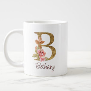 Custom Name Gold Foil Blush Pink Roses Letter B Giant Coffee Mug