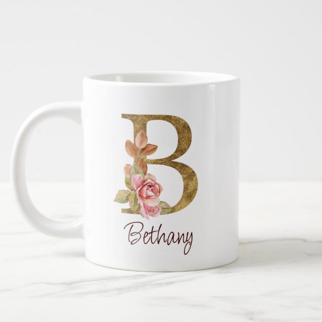 Custom Name Gold Foil Blush Pink Roses Letter B Giant Coffee Mug (Left)