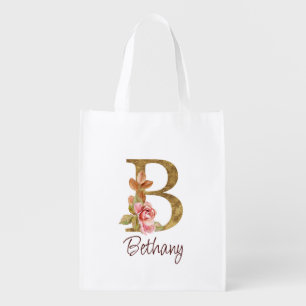 Custom Name Gold Foil Blush Pink Roses Letter B Grocery Bag