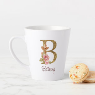 Custom Name Gold Foil Blush Pink Roses Letter B Latte Mug