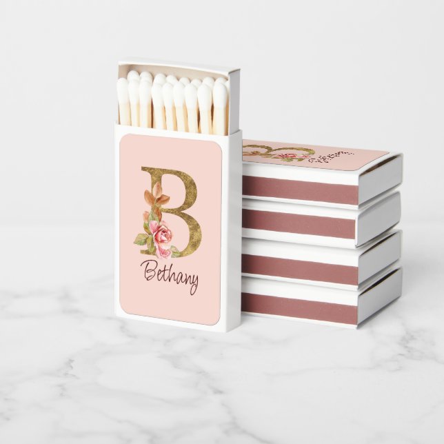 Custom Name Gold Foil Blush Pink Roses Letter B Matchboxes (Stacked)