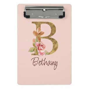 Custom Name Gold Foil Blush Pink Roses Letter B Mini Clipboard