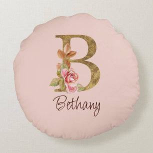 Custom Name Gold Foil Blush Pink Roses Letter B Round Pillow