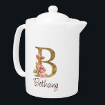 Custom Name Gold Foil Blush Pink Roses Letter B Teapot<br><div class="desc">Custom Name Gold Foil Blush Pink Roses Letter B design showcases a delicate floral monogram with golden shimmer—ideal for elegant personalization,  romantic vibes,  and thoughtful name-based creations. Click 'Personalize' to add your name or someone special’s.</div>