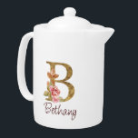 Custom Name Gold Foil Blush Pink Roses Letter B Teapot<br><div class="desc">Custom Name Gold Foil Blush Pink Roses Letter B design showcases a delicate floral monogram with golden shimmer—ideal for elegant personalization,  romantic vibes,  and thoughtful name-based creations. Click 'Personalize' to add your name or someone special’s.</div>