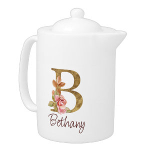 Custom Name Gold Foil Blush Pink Roses Letter B Teapot
