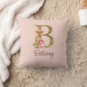 Custom Name Gold Foil Blush Pink Roses Letter B Throw Pillow
