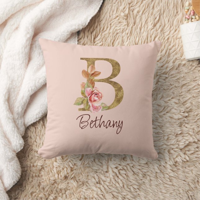 Custom Name Gold Foil Blush Pink Roses Letter B Throw Pillow (Blanket)