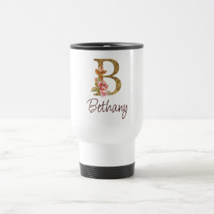 Custom Name Gold Foil Blush Pink Roses Letter B Travel Mug