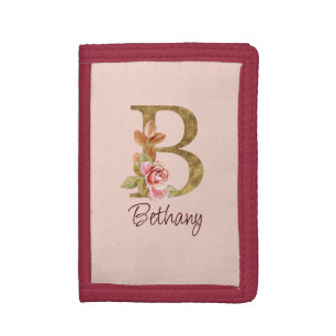 Custom Name Gold Foil Blush Pink Roses Letter B Trifold Wallet