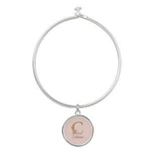 Custom Name Gold Foil Blush Pink Roses Letter C Bangle Bracelet