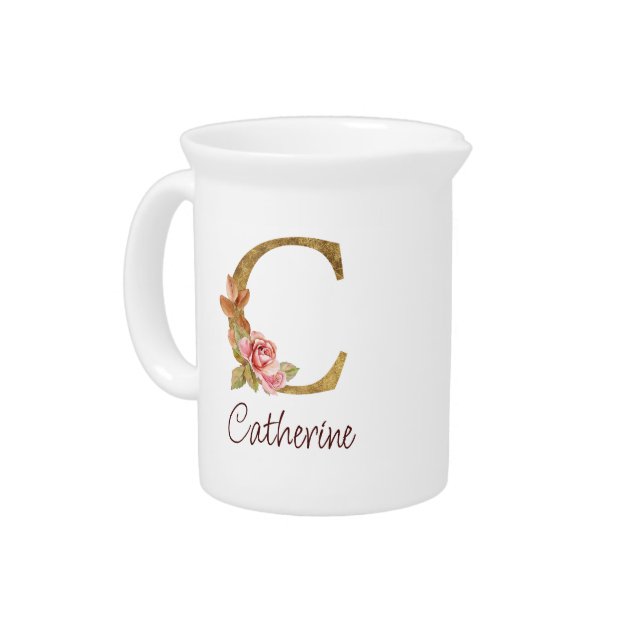 Custom Name Gold Foil Blush Pink Roses Letter C Beverage Pitcher (Left)
