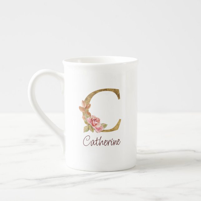 Custom Name Gold Foil Blush Pink Roses Letter C Bone China Mug (Left)