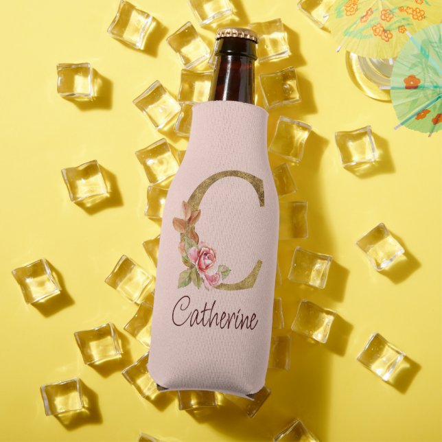 Custom Name Gold Foil Blush Pink Roses Letter C Bottle Cooler (In Situ Summer)
