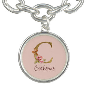 Custom Name Gold Foil Blush Pink Roses Letter C Bracelet