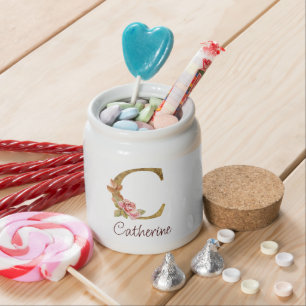 Custom Name Gold Foil Blush Pink Roses Letter C Candy Jar
