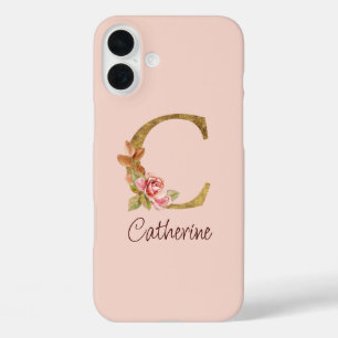 Custom Name Gold Foil Blush Pink Roses Letter C iPhone 16 Plus Case