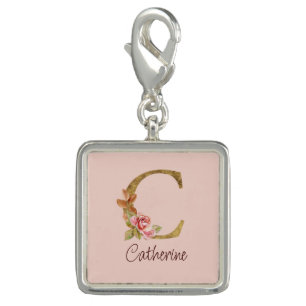 Custom Name Gold Foil Blush Pink Roses Letter C Charm