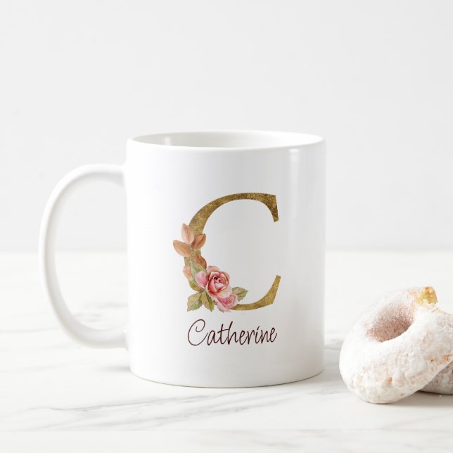 Custom Name Gold Foil Blush Pink Roses Letter C Coffee Mug (With Donut)