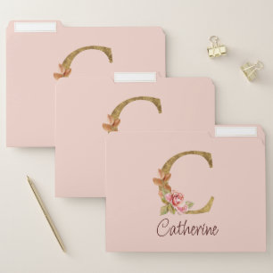 Custom Name Gold Foil Blush Pink Roses Letter C File Folder